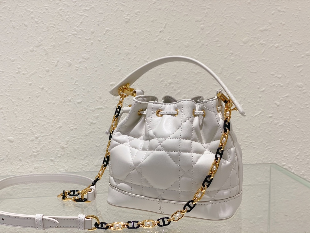 Small Dior Jolie Bucket Bag White Macrocannage Lambskin and Calfskin